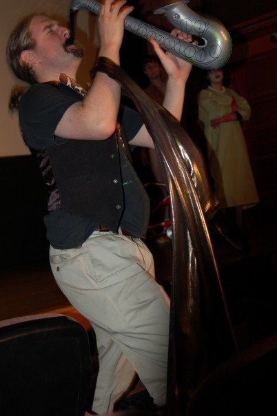 Michael playing Eddie in a Rocky Horror Picture Show shadowcast performance.